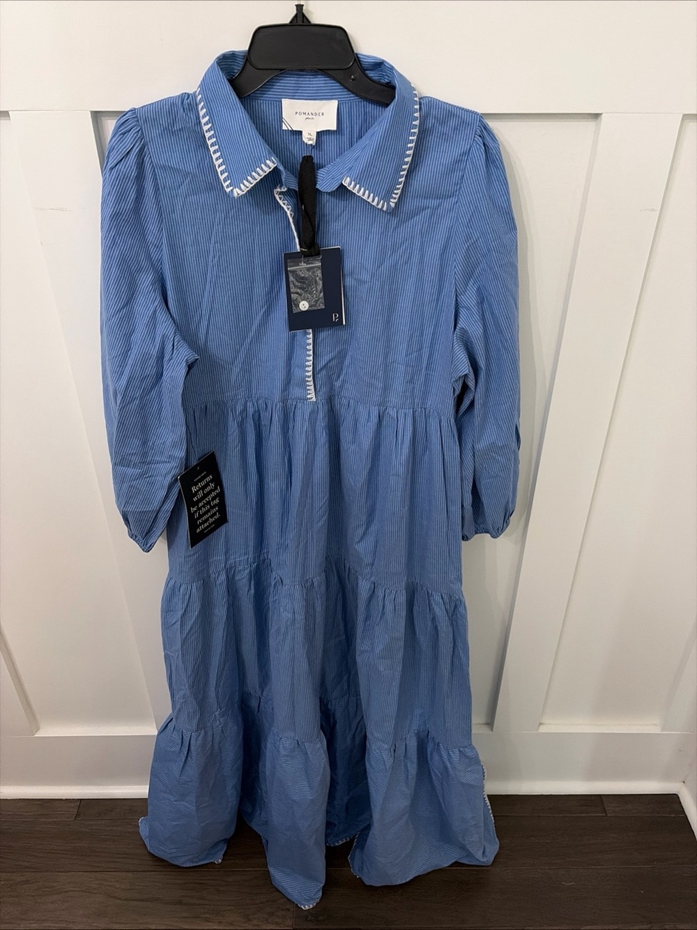 Pomander Place Mabel tiered maxi dress w/whipstitch details-Blue/White pinstripe